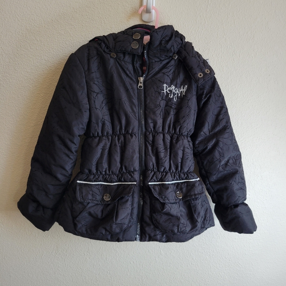 Desigual Girls Black & Pink Puffer Winter Jacket with Hood Size 5/6